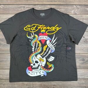 Ed Hardy Mens T-Shirt Charcoal New York City Skull Eagle EHMR1100-10 2X NWT